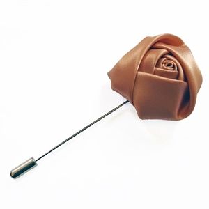 Mens Satin Fabric 3D Rose Lapel Pin Brooch Tan
